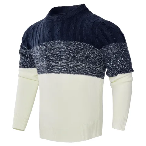 Men's Casual Color Block Long Sleeve Cable Knit Pullover