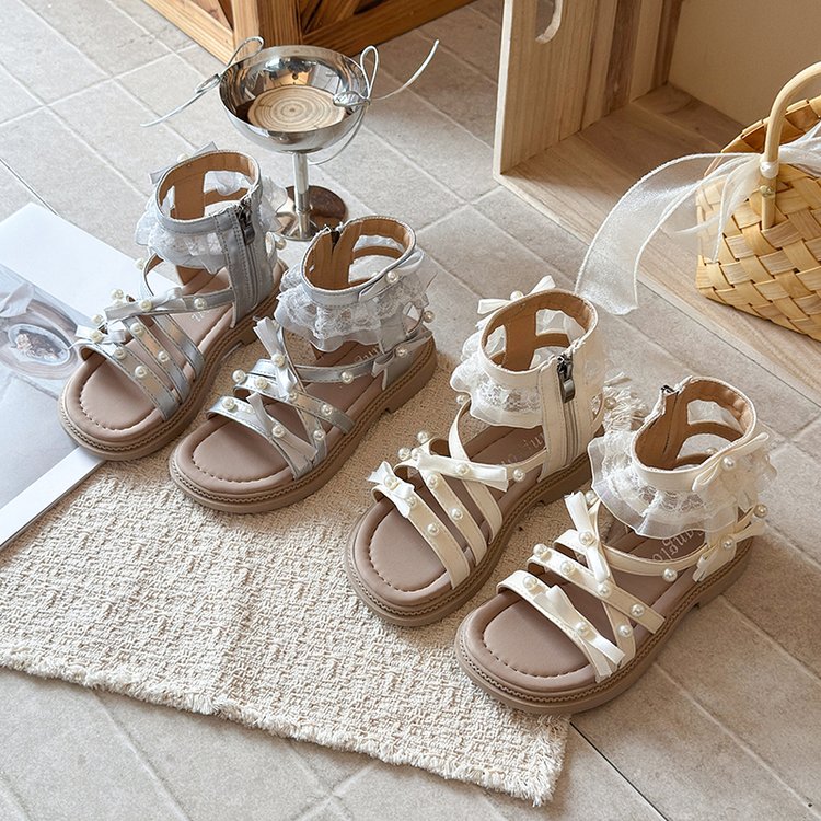 Children's Roman Sandals Summer New Lace Pearl Bow Middle School Girls' Sandals Princess Shoes