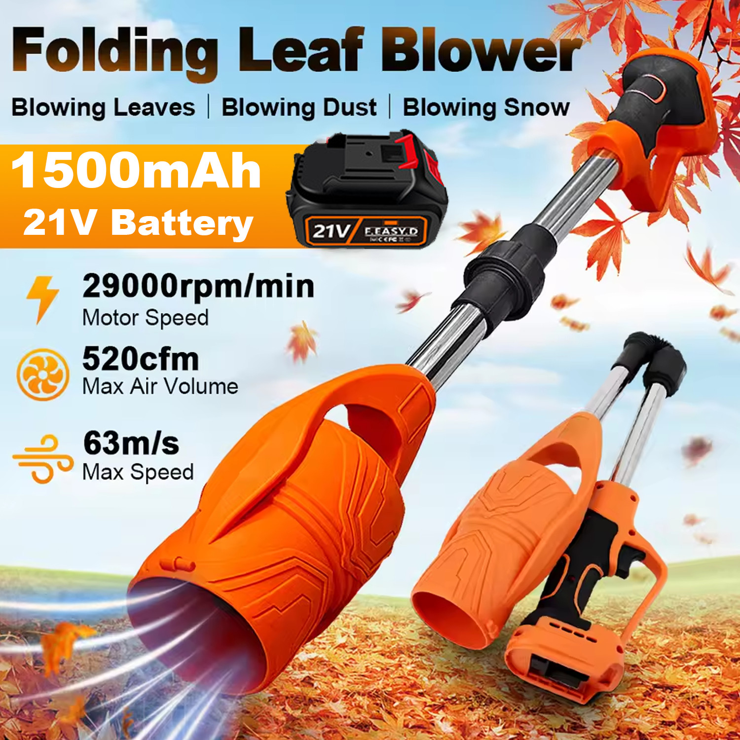 21V 150MPH Cordless Leaf Blower Snow Dust Air Blower 400W 2 Battery & Charger