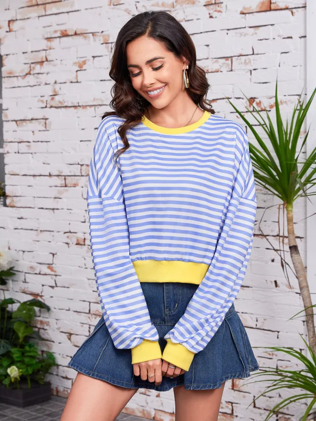 Women's Long Sleeved Striped Round Neck Sweater Top Blue - Shop at LoveMi