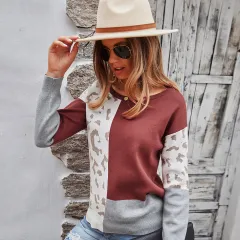 Women's Colour Contrast Round Neck Pullover Casual Style Sweater Top - Brick Red - View 1