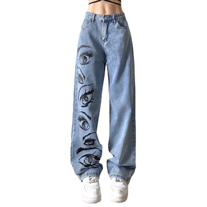 Title 4, Jeans blu da donna con stampa occhi di personal...