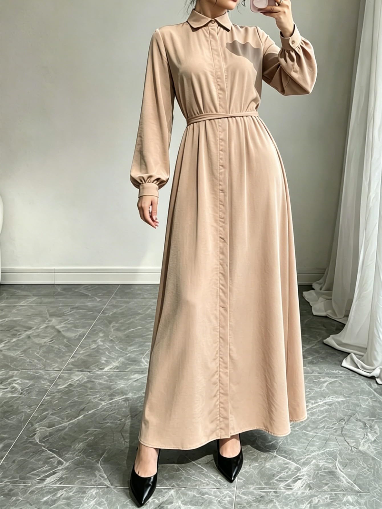 Women Woven Collar Long Sleeve Maxi Shirt Dress With Matching Waist Belt