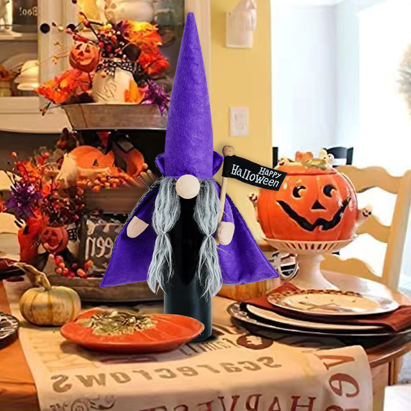 Halloween decoration black witch cloak hat bottle cover