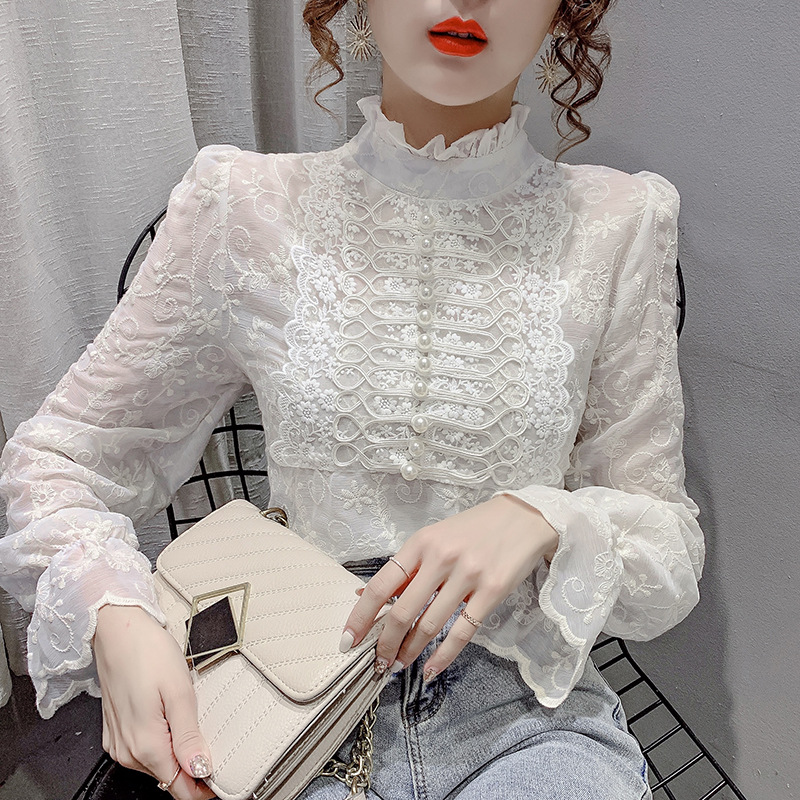 Half High Neck Lantern Sleeve Lace Shirt