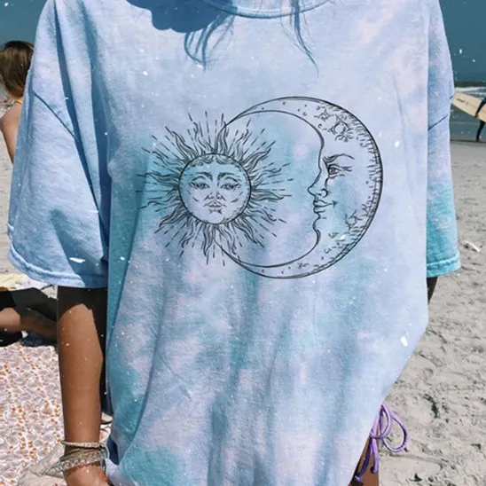 Casual Round Neck Short Sleeves Printed Tie-dyed Pullover For Women