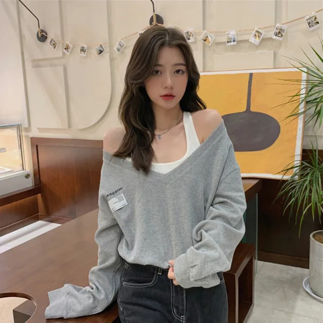 Fake Two piece V neck Sweater Women's Thin Loose Top Dark Grey - Shop at LoveMi