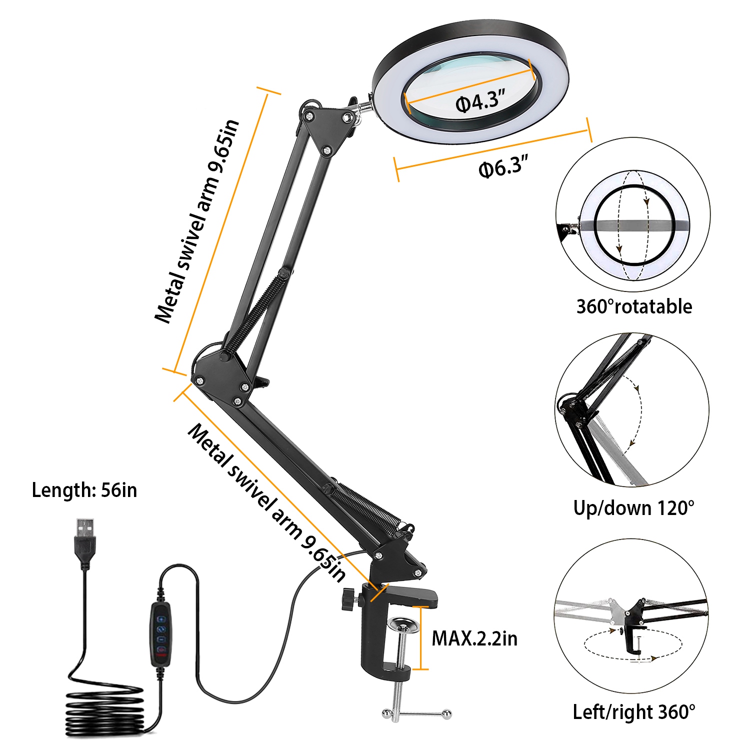 1Pack 2 In 1 LED Magnifier Desk Lamp 8x Magnifying Glass With Light Swing Arm Desk Table Light USB Reading Lamp With Clamp Stand 10 Brightness 3 Modes — foto 8