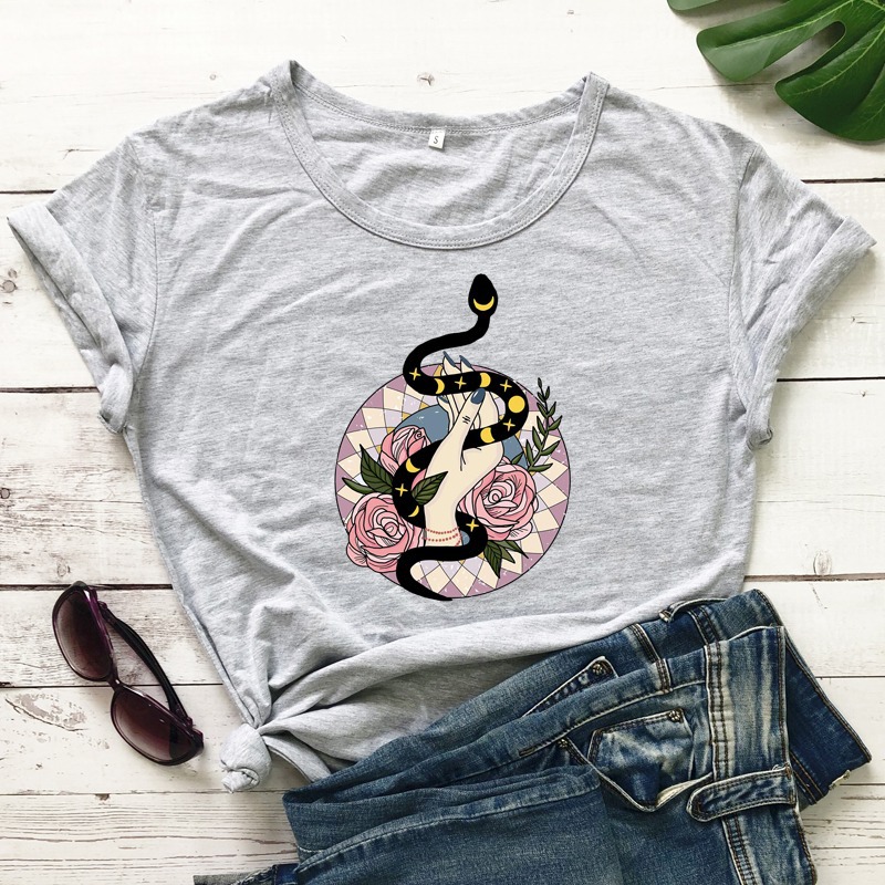 Ladies Fashion Summer T-Shirt Creative Flower Snake Print