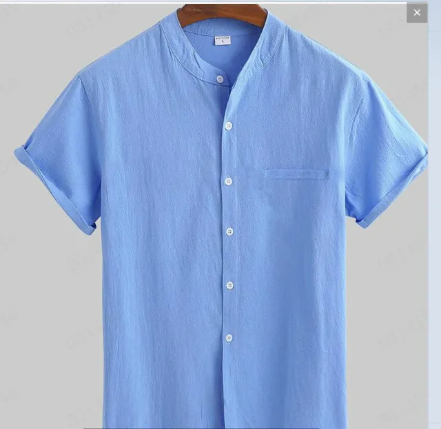 Linen Shirt Men's Short Sleeved Standing Collar Light Blue - Shop at LoveMi