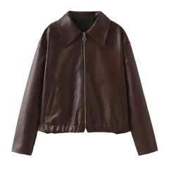 Solid Colour Lapel Zipper Jacket Fashion Casual Long Sleeve Leather Coat Tops Women Clothing - Burgundy - View 1
