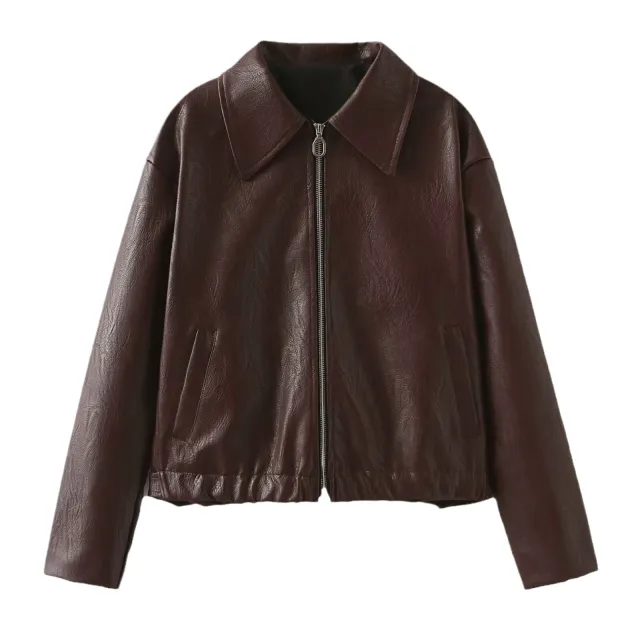 Solid Color Lapel Zipper Jacket Fashion Casual Long Sleeve Leather Coat Tops Women Clothing Burgundy - Shop at LoveMi