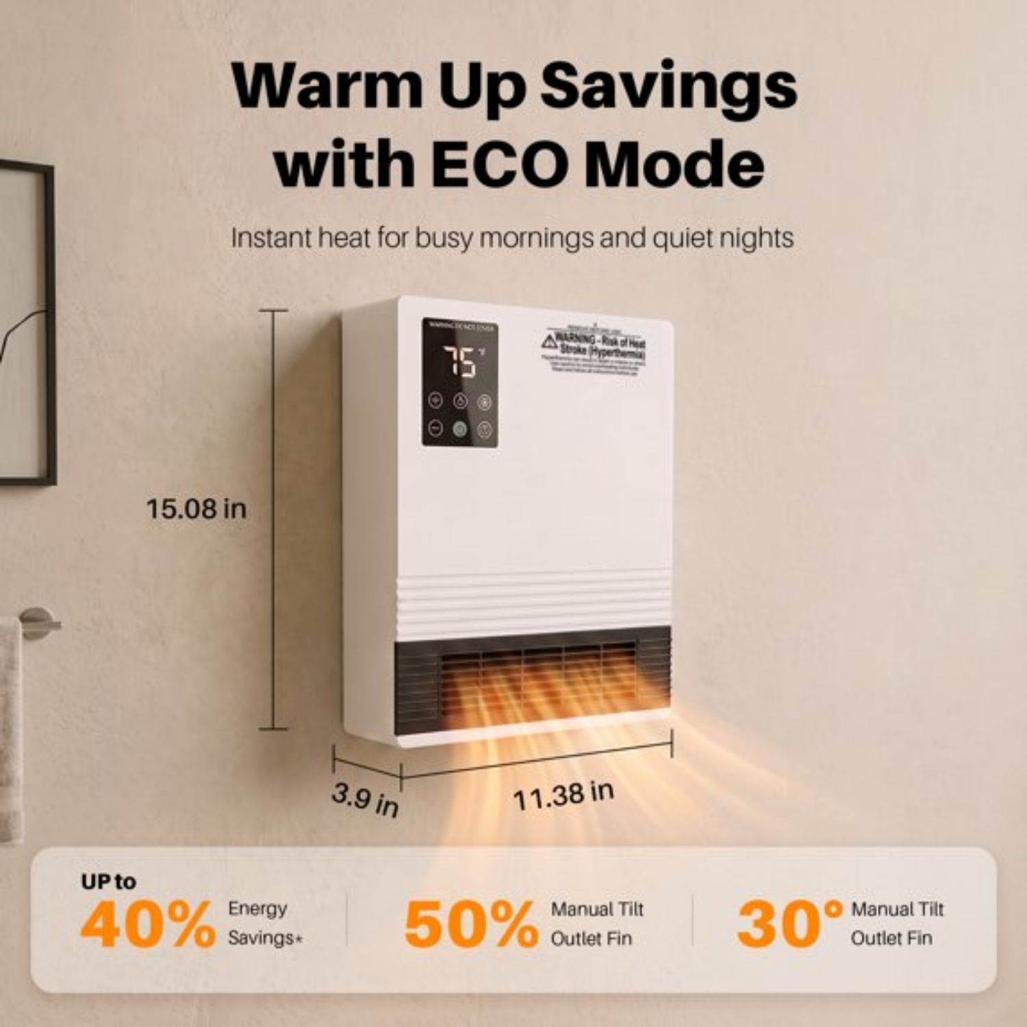 Wall Heater, Touchscreen, Remote Control, Adjustable Thermostat, 15-Hour Timer, Dual Heat Settings, Overheat Protection, Child Lock image 12