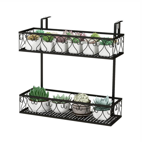 2-Tier Adjustable Railing Plant Stand With Hooks, Metal Hanging Flower Pot Holder For Balcony Porch