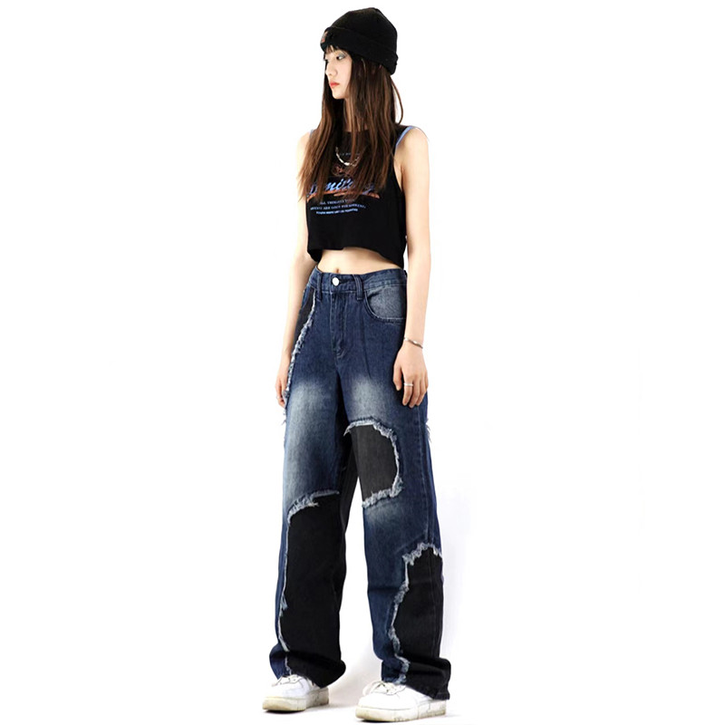 Raw Edge Contrast Color Stitching Jeans Personality