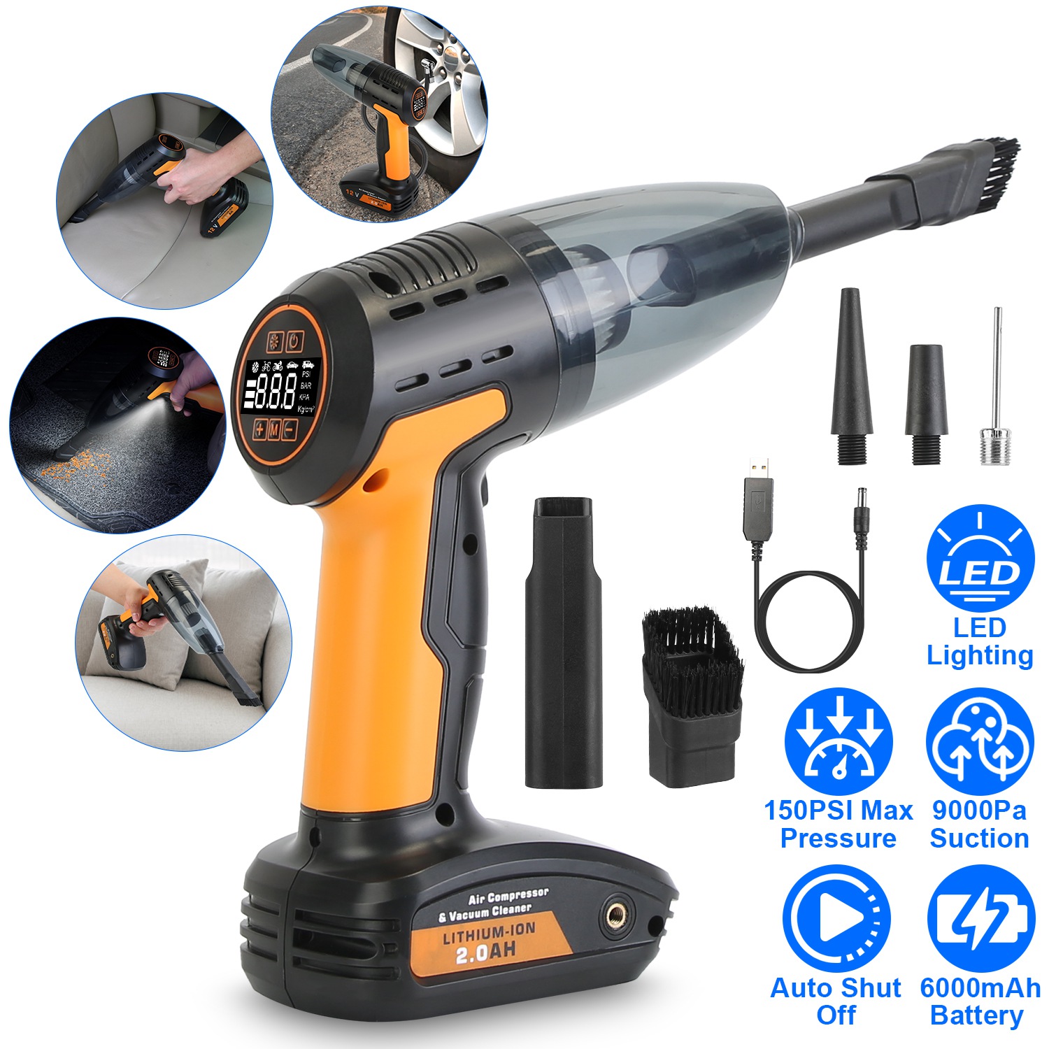 1Pc 4 In 1 Cordless Car Vacuum Cleaner And Tire Inflator With LED Light Digital Display Tire Pressure Gauge 150PSI Rechargeable Air Compressor Pump Essential Car Accessories - Image 5