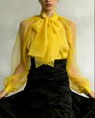 Women's French Retro Style Flowy Collar Slightly Sheer Puff Sleeve Loose Shirt