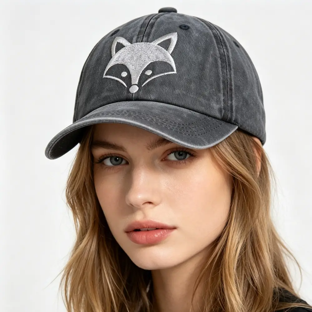 2pcs Cute Fox Face Embroidered Baseball Cap - Vintage Washed Cotton Hat, Adjustable Unstructured Low Profile, Casual Outdoor Sun Hat For Men Women