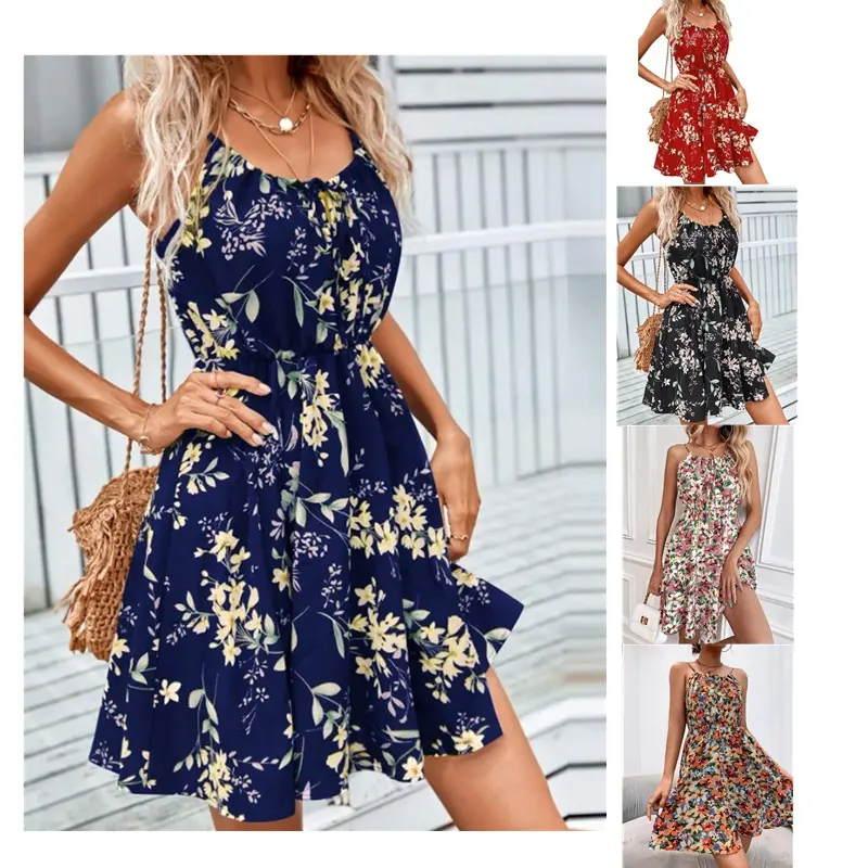 Floral Print Suspender Dress with Elastic Waist Design Fashion