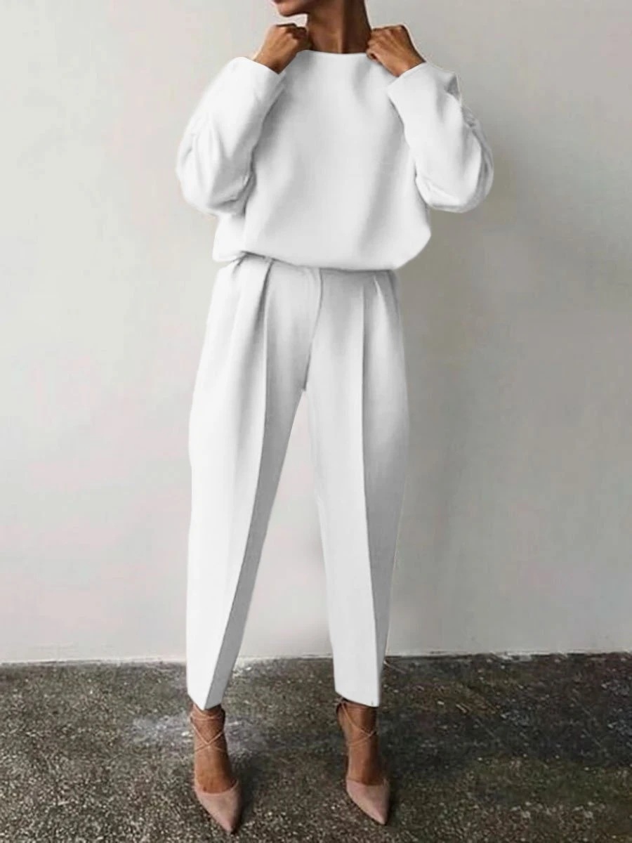 Solid Color Long Sleeved Casual Two piece Set White - Shop at LoveMi