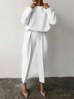 Solid Colour Long Sleeved Casual Two-piece Set - White - View 1