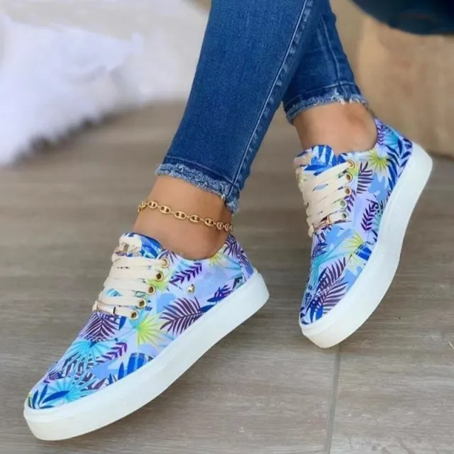 Canvas Shoes For Women Lace Up Flats Leaves Print Casual Sneakers Round Toe Shoes Blue - Shop at LoveMi