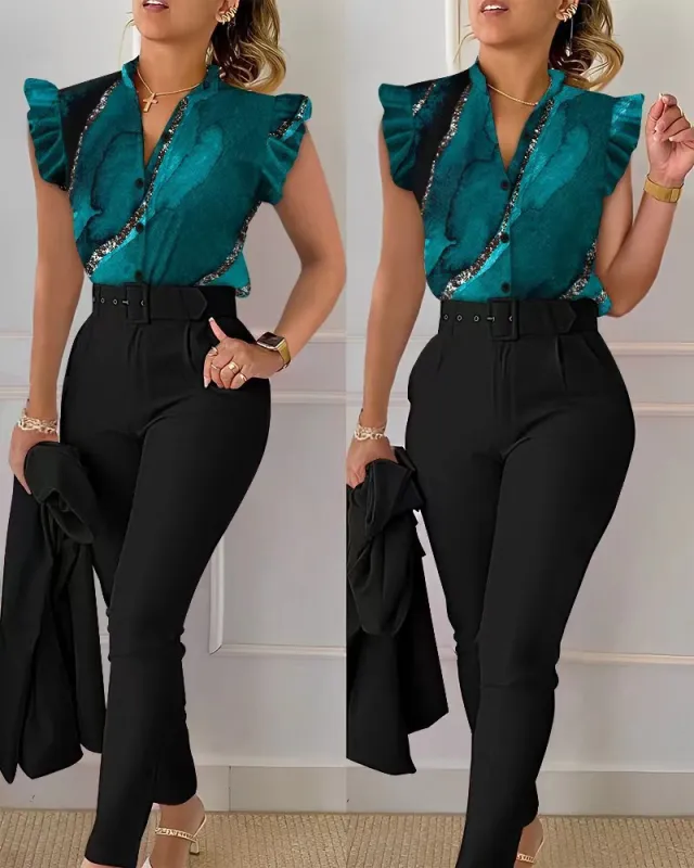 Printed Ruffle Sleeve Top Solid Color Pants Suit With Belt Green - Shop at LoveMi