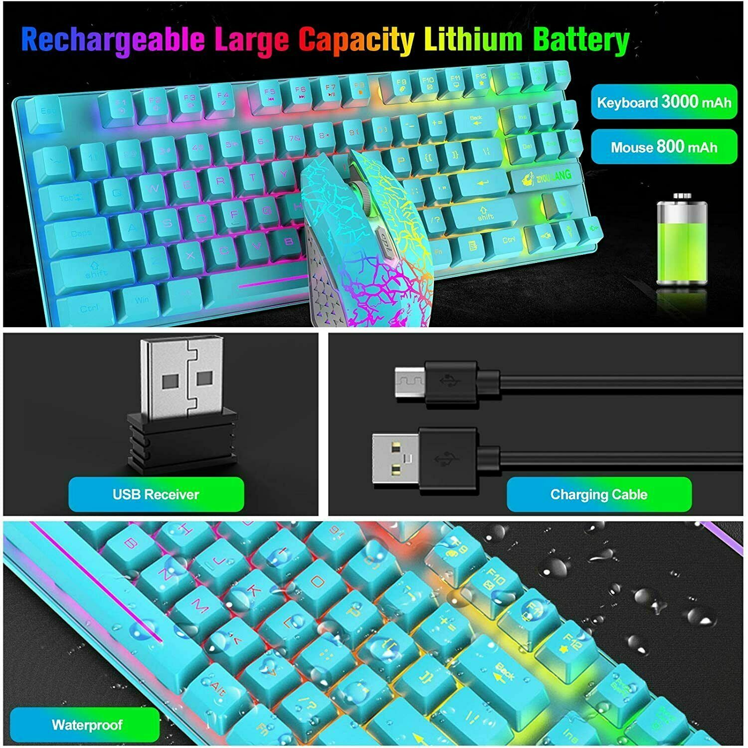 T87 Wireless Gaming Keyboard And Mouse Rainbow Backlit For PC Mac PS4 Xbox One