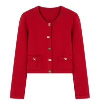 Femininity Button Up Sweater Coat Knitted Cardigan - Crewneck Knitwear Red - View 1