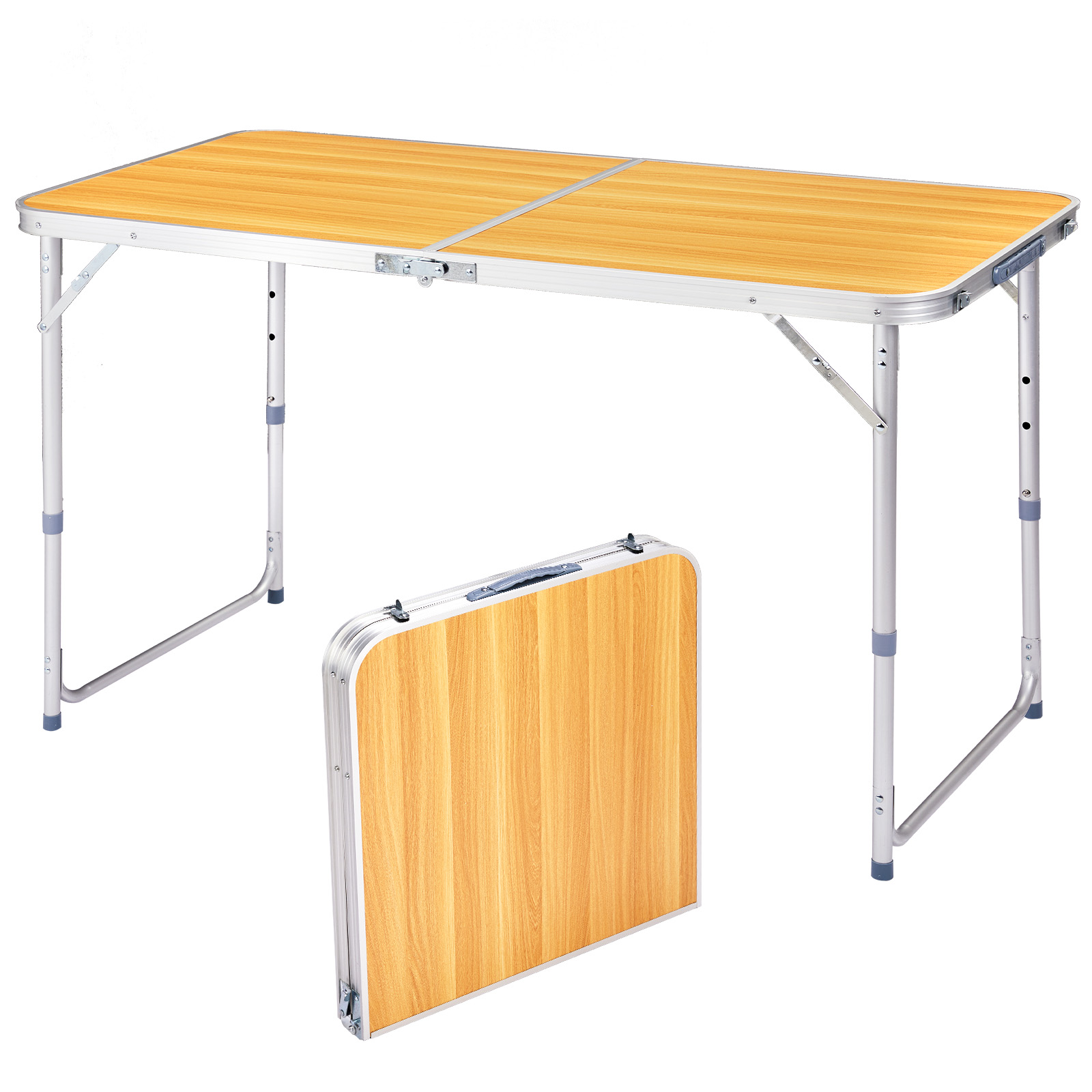 4FT Adjustable Height Folding Table, 120-60cm Portable Aluminum Foldable Camping Table Wood Grain Utility Table For Picnic BBQ Party Indoor Outdoor