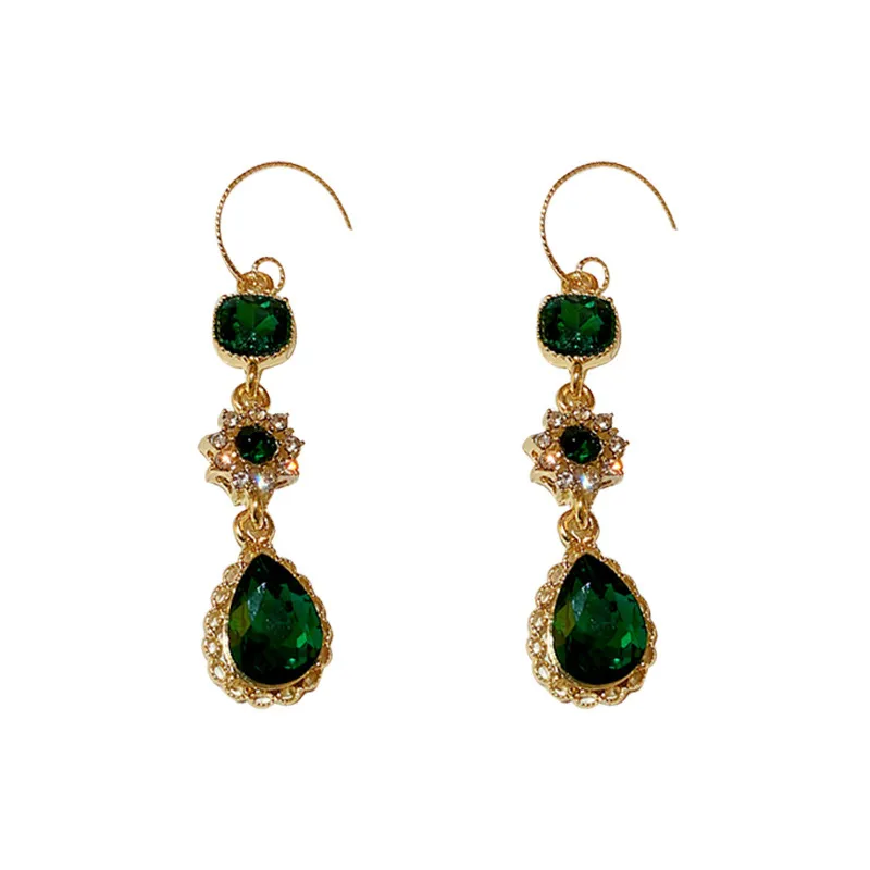 Diamond Emerald Ear Hook Earrings - Green