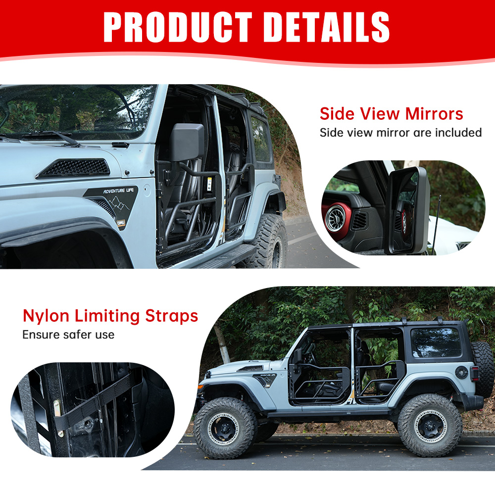 Tube Doors With Side View Mirror For 2018-2025 Je Ep Wrangler JL JLU And Gladiator JT 4-Doors - Includes 4XE 4-piece Set Off Road Summer Trail Adventure