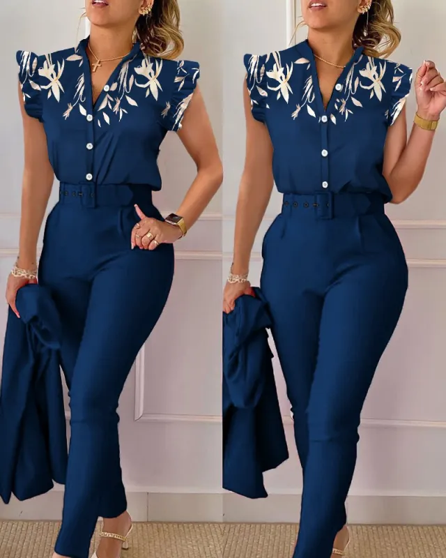 Printed Ruffle Sleeve Top Solid Color Pants Suit With Belt Dark Blue - Shop at LoveMi