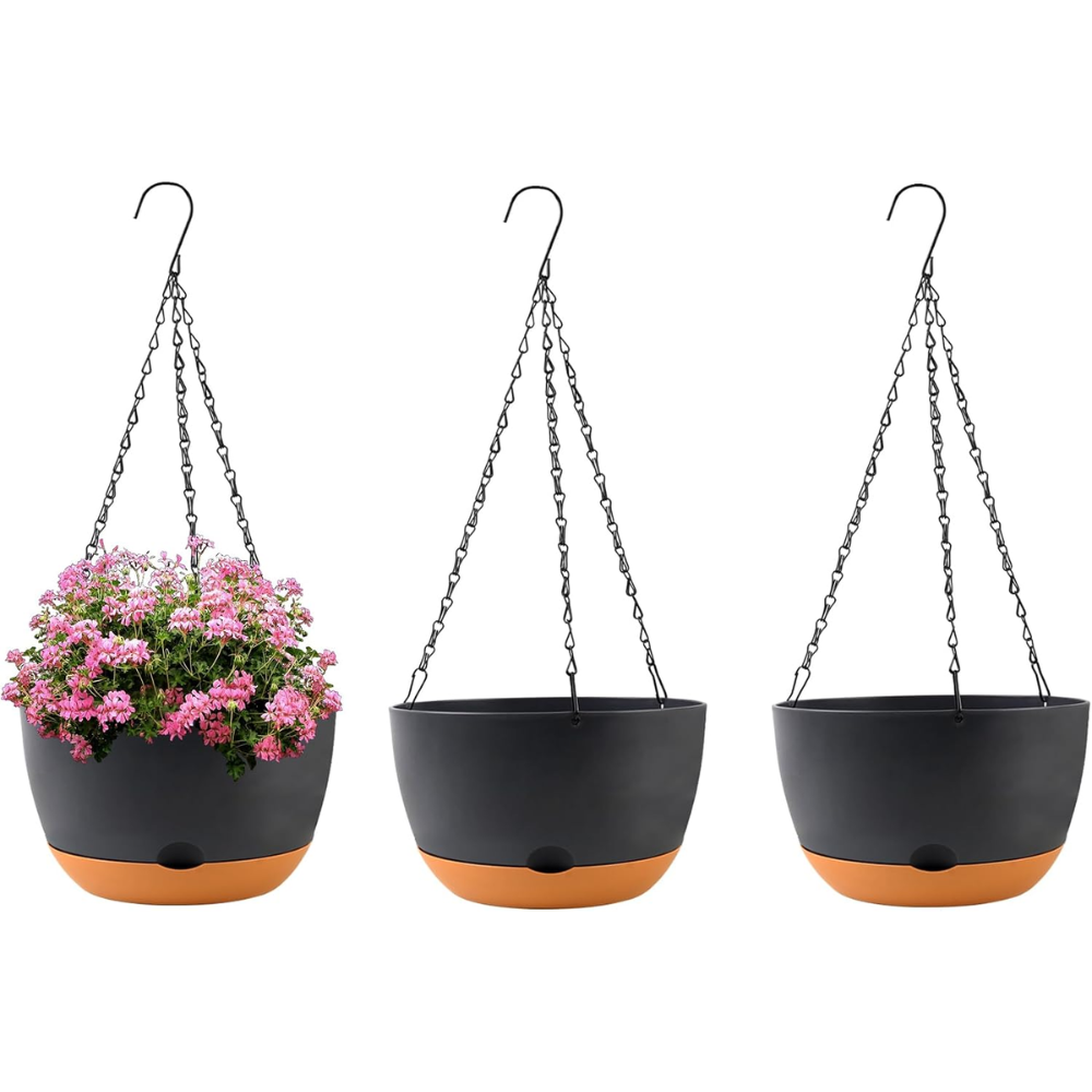 10 Inch Self-Watering Hanging Planters 3 Pack Plastic Pots With Removable Tray For Indoor Plants Black