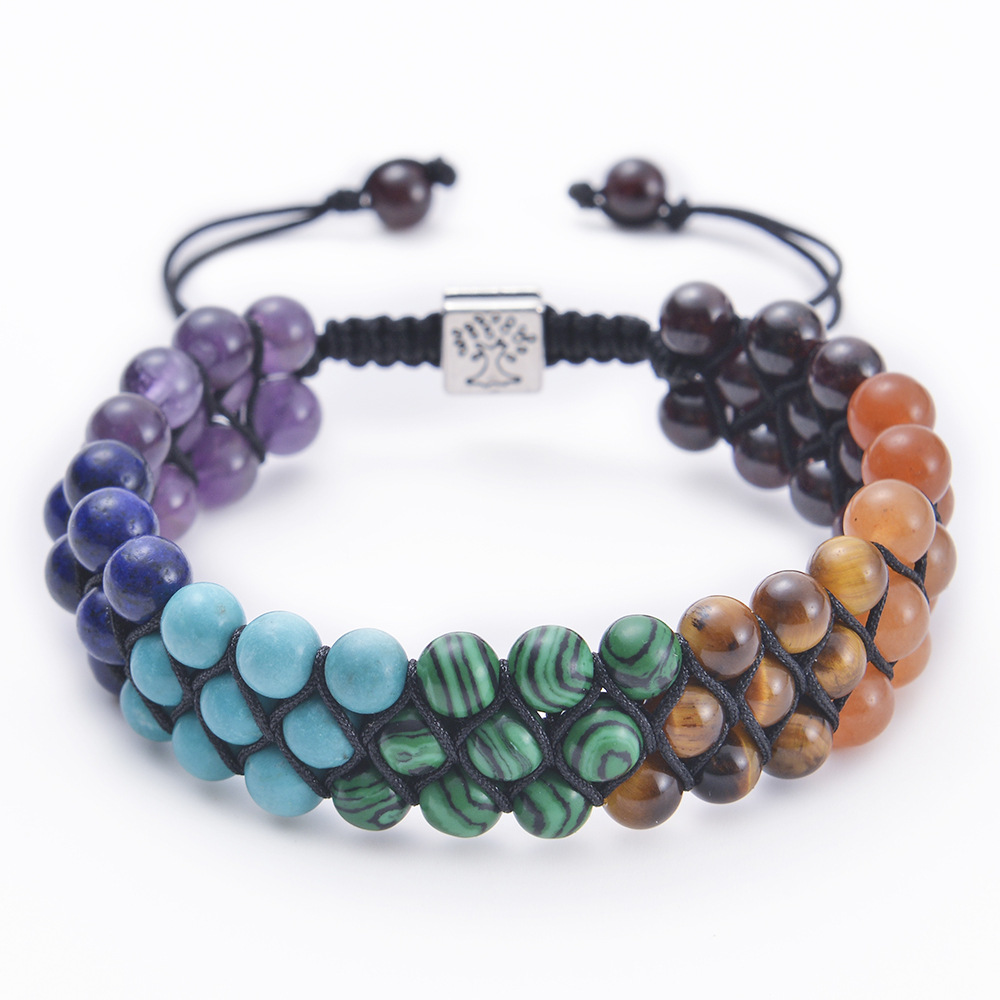 Tree Of Life Braided Rope Three Rows Natural Stone Beaded Bracelet