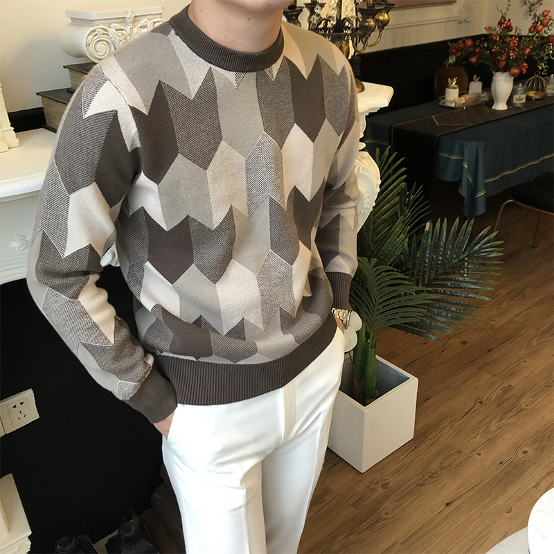 Geometric Jacquard Sweater Men's Trendy Fashion Retro Knitted Sweater Top