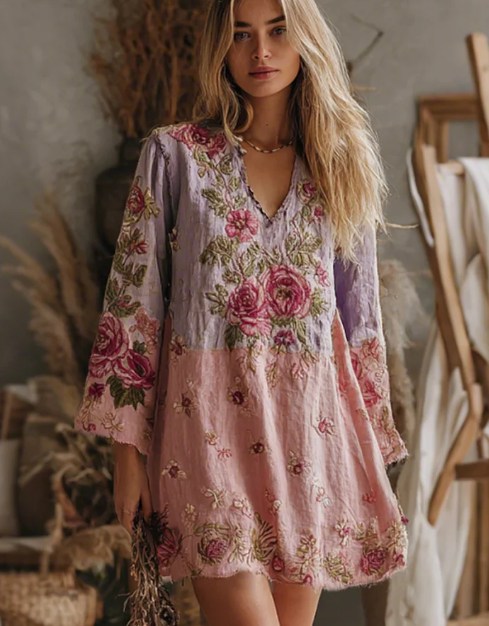 Color blocked Rose Embroidered Casual V neck Long sleeved Short Dress 2Style - Shop at LoveMi