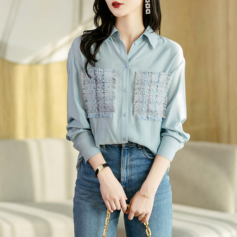 Women's Cotton Long Sleeve Lapel Blue Shirt