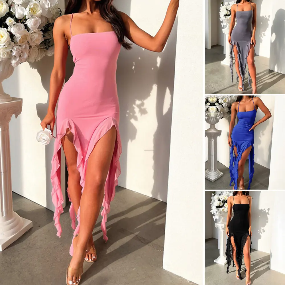 Sexy Suspender Tight Slim Skirt Fashion Split Ruffle Design