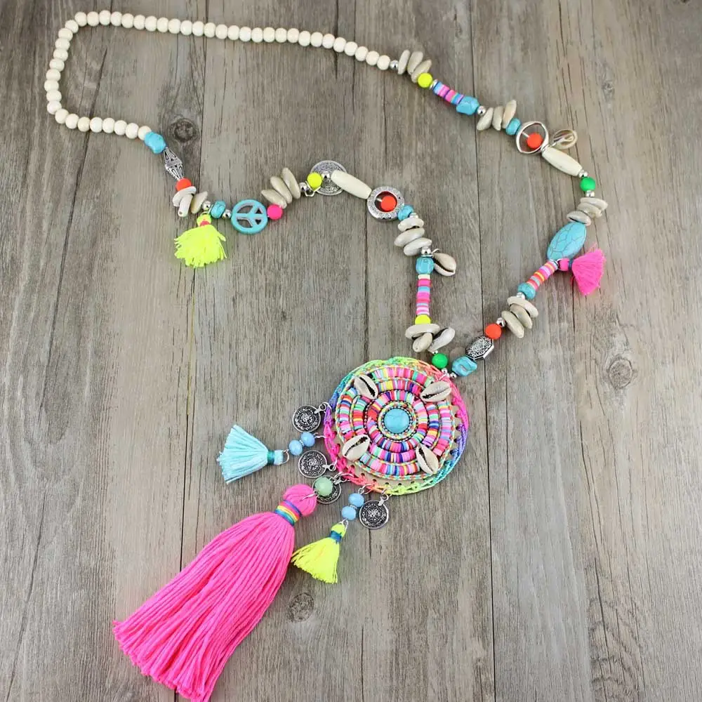 New Handmade Bohemian Style Tassel Necklace Women's All-match Wooden Beads