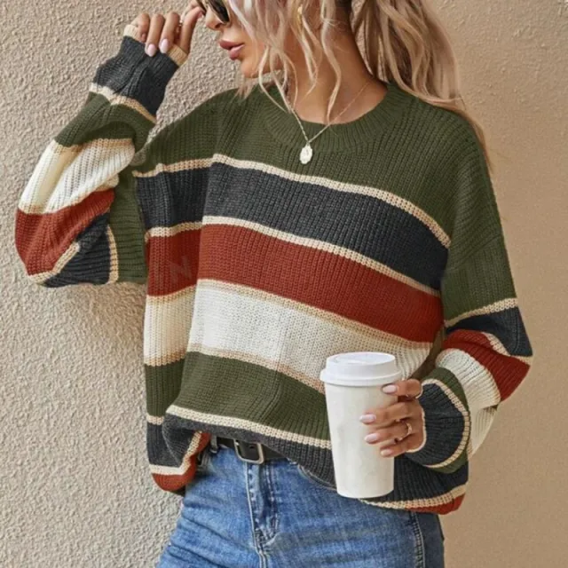Women's Striped Color Block Sweater, Cute Crewneck Pullover Top, Fall Winter Fashion Knitwear Dark Green - Shop at LoveMi