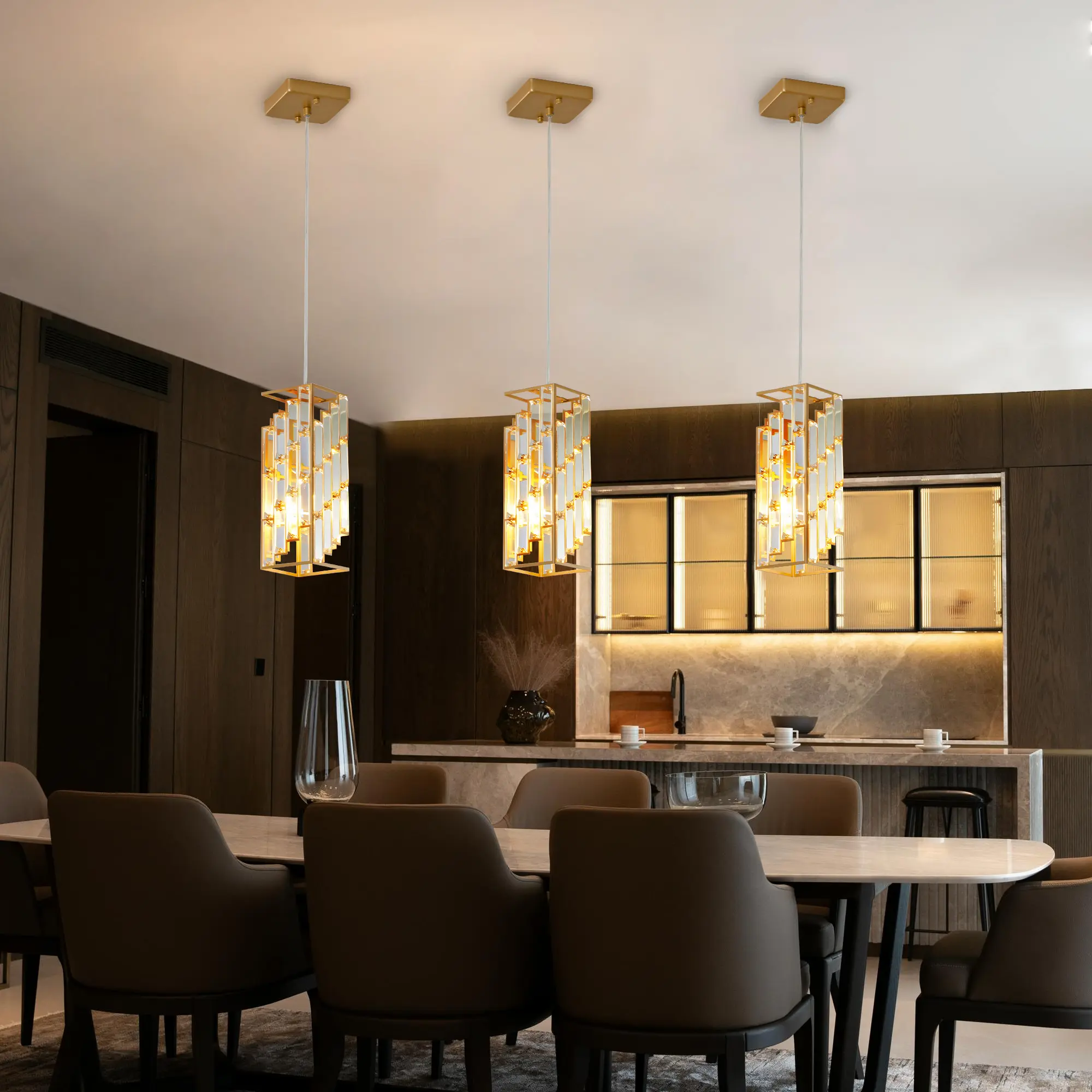 4inch Modern Crystal Pendant Light - 3 Pack, Adjustable Hanging Ceiling Lamp With Crystal Prism Design For Dining Room, Kitchen Island, And Living Room -Golden 