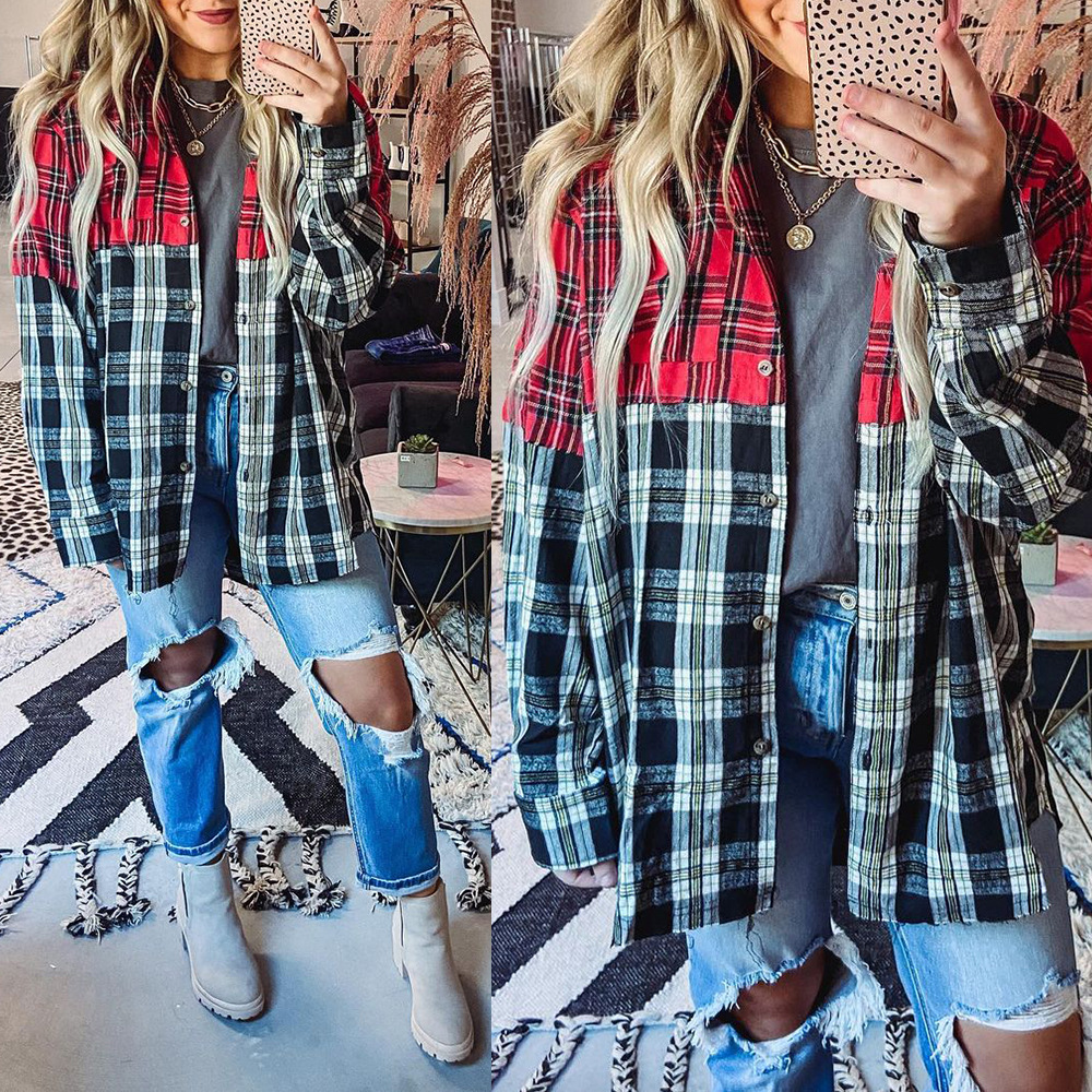 Title 2, Fashion Stitching Printed Long-Sleeved Plaid Ca...