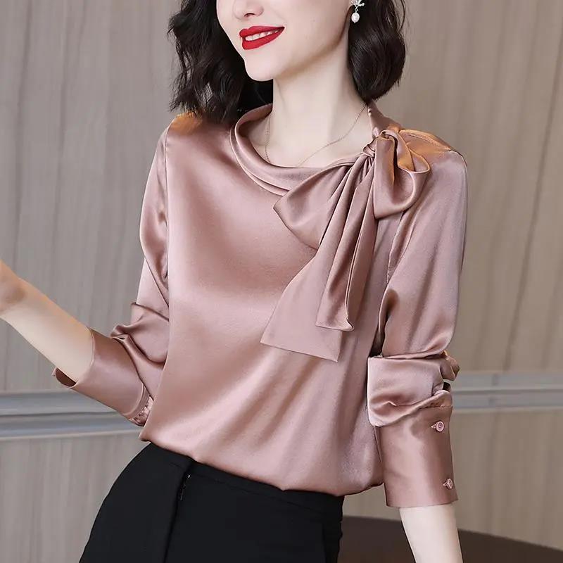 Title 2, Solid Color Bow Chic Top Ladies Shirt Long Sleeve