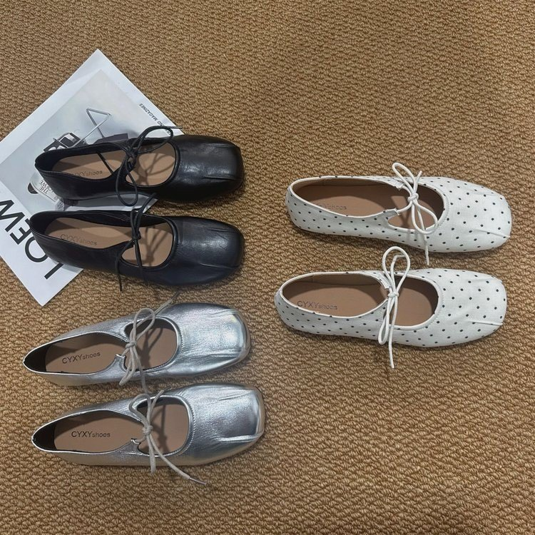2026 New Arrival Mary Jane Women's Shoes, Niche Bow Square Toe Ruched Leather Shoes, Versatile Lace-up Flat Birkenstock Style Flats