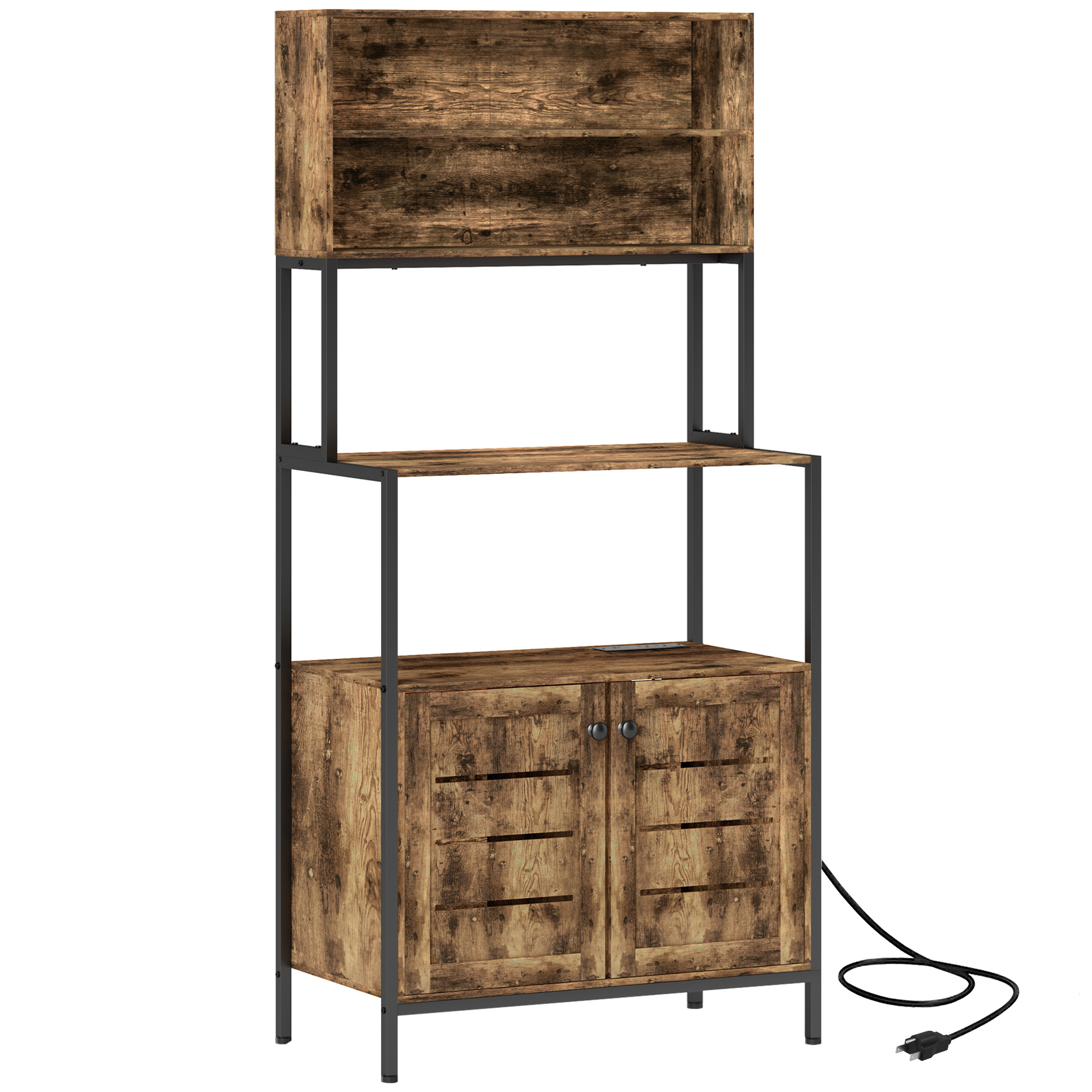 Power Outlet And Storage Shelves, Microwave Stand With Louvred Door Cabinets, Rustic Brown_voghion.com