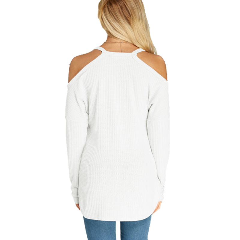 Top Leaky Shoulder V-neck Long Sleeve Dovetail Knit Polyester Fiber T-shirt