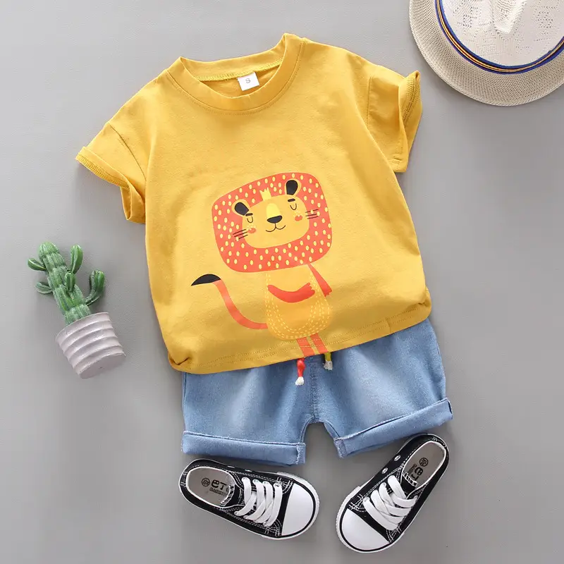 Boy Cartoon Lion Print Round Neck Short Sleeve T-Shirt Setsale