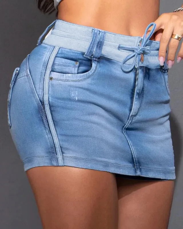 Women's Contrast Panel Drawstring Denim Skirt Blue - Shop at LoveMi