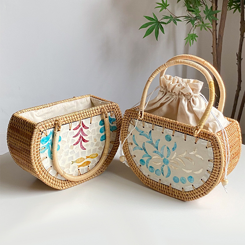 Women's Fashion Handmade Cabas Shell Rattan Storage Picnic Bag